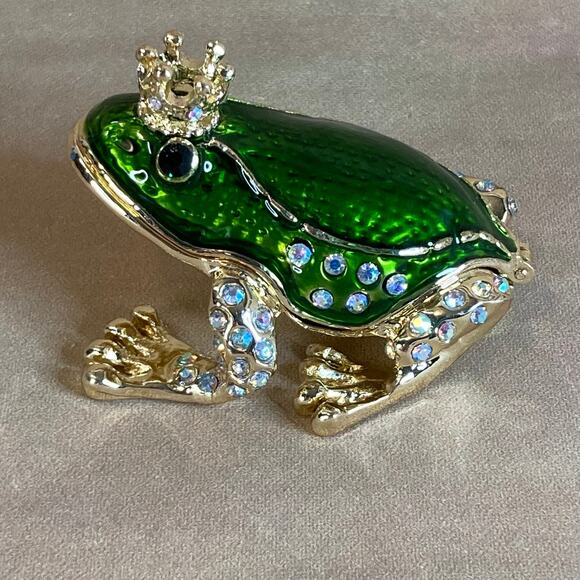 Source Unknown Other - Gold Tone and Green Enamel Frog Prince Trinket Box w/Aurora Borealis Crystals